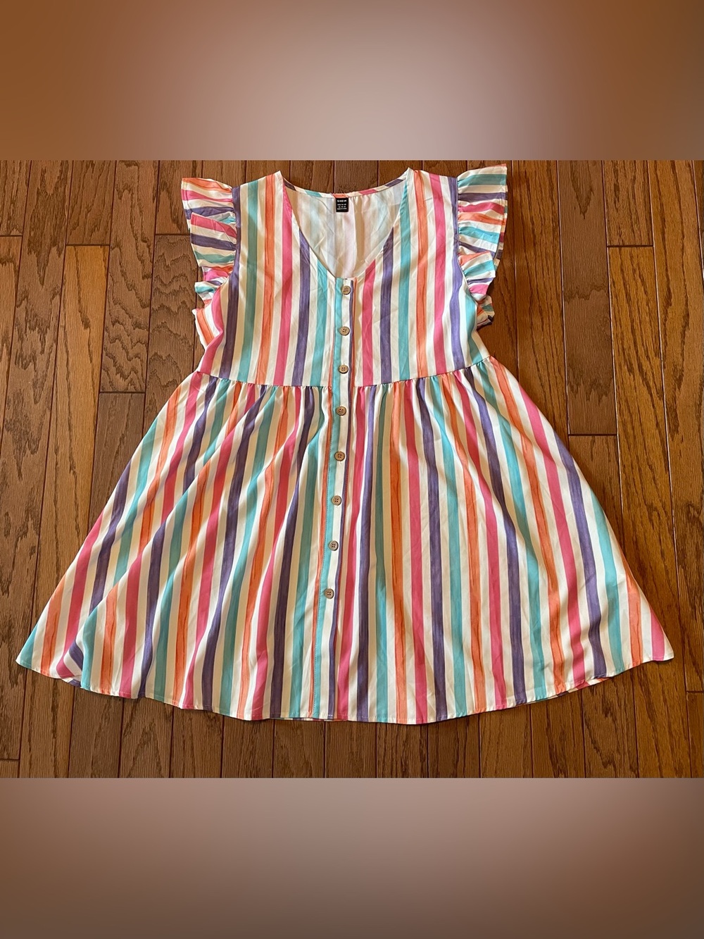SHEIN Pastel Rainbow Vertical Stripe Flutter Sleeve Button Front Mini Dress W-12